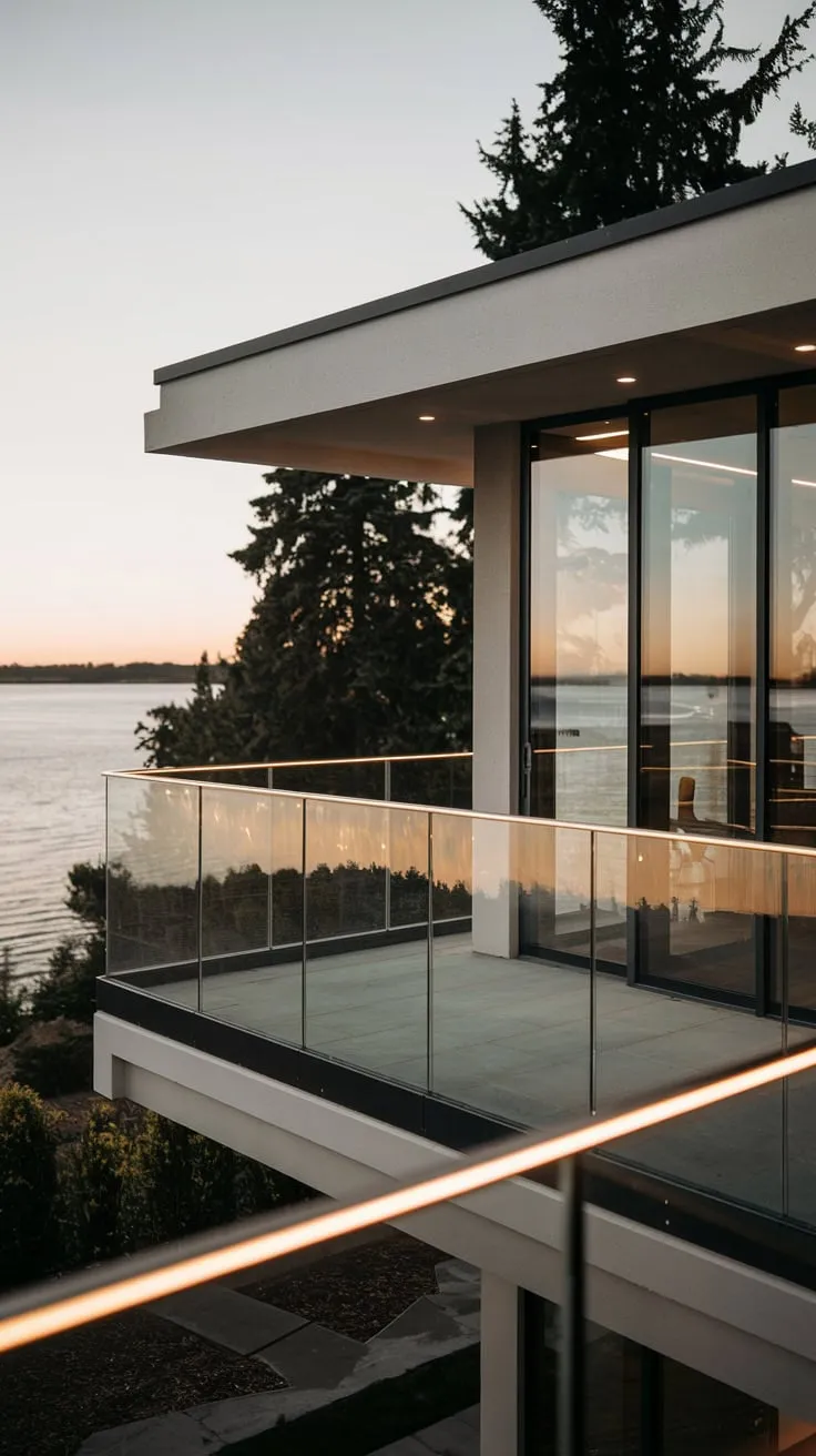 Bathed in soft light, your minimalist home's balcony offers breathtaking views of the water and trees stretching out before you