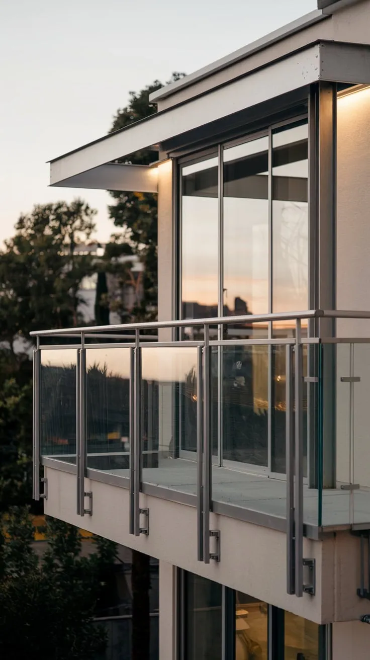 From your balcony, you see a panoramic vista framed by sleek metal railings and the soft glow of your minimalist home