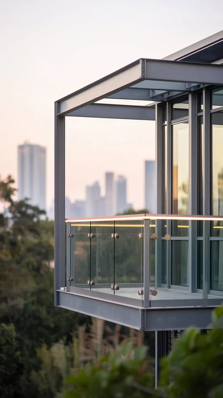 From your high balcony, with its glass railings and sleek metal framing, the city lights shimmer below, a softly lit panorama visible through your large windows
