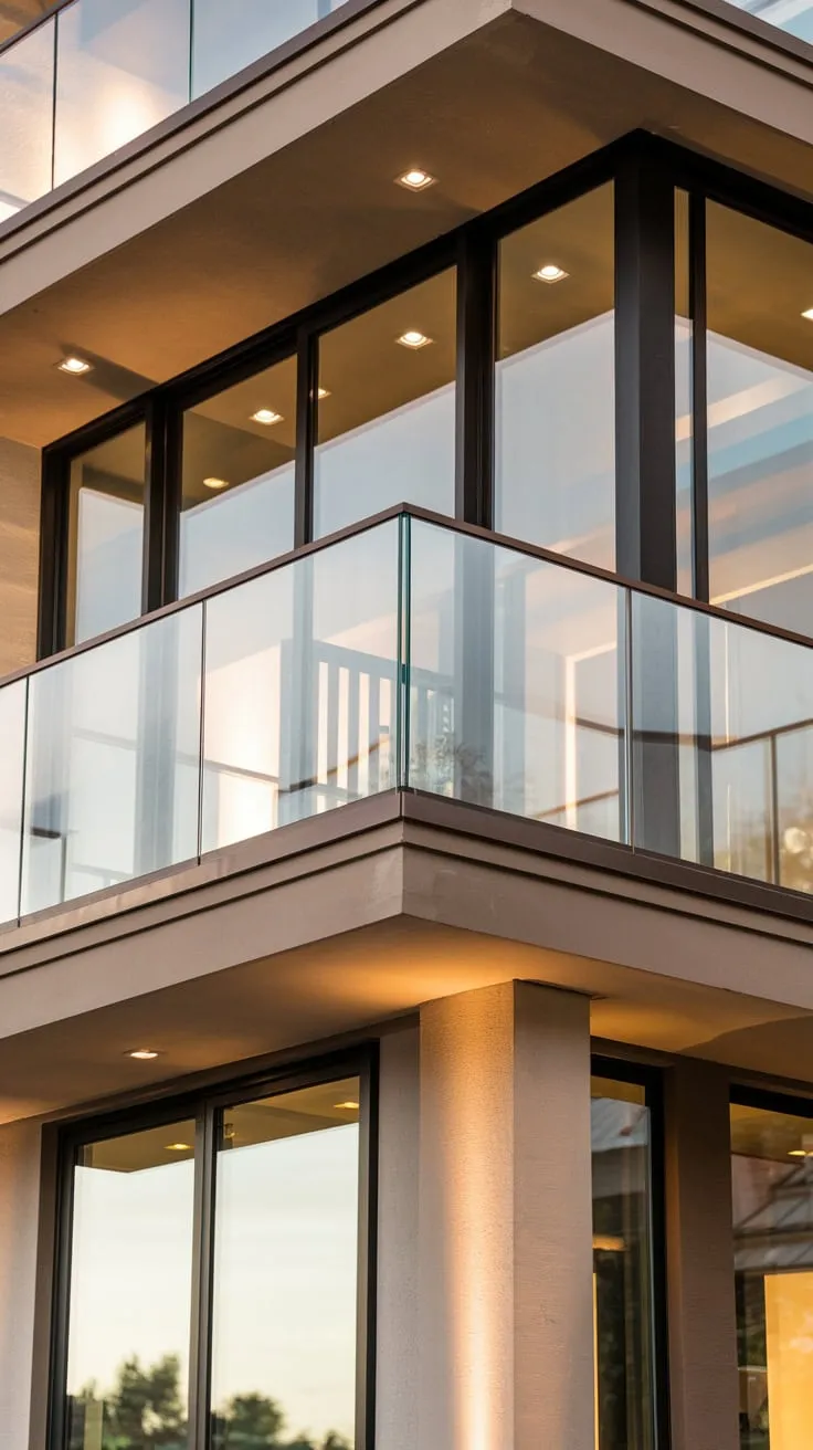 From your high-rise balcony, with its sleek glass and metal railing, you gaze at a stunning vista as soft light bathes your beautiful home