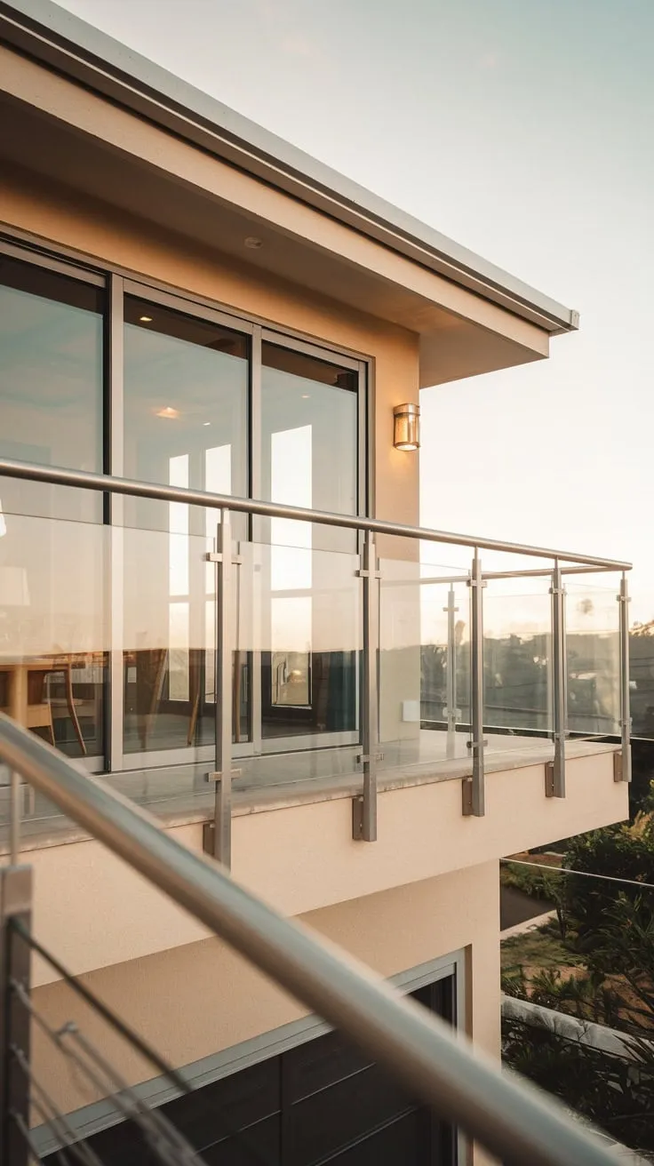 From your high-level home, the soft glow illuminates the glass balcony railing and metal accents, showcasing a breathtaking vista
