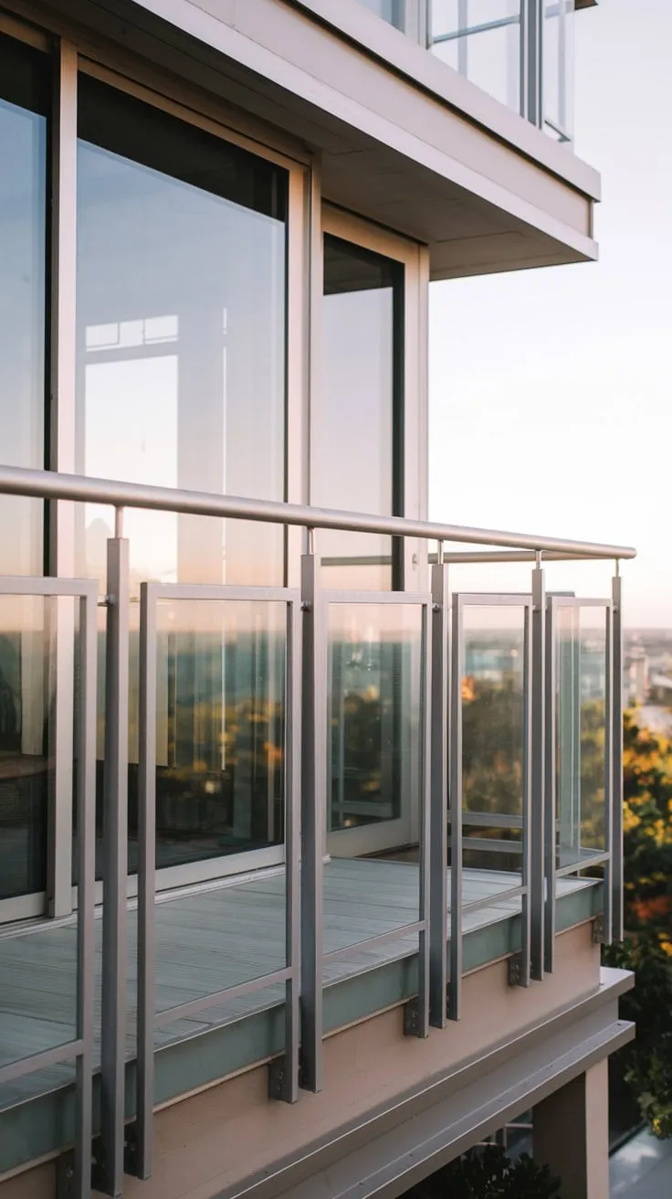 A city vista unfolds before you from the detailed, minimalist balcony of your beautifully lit home