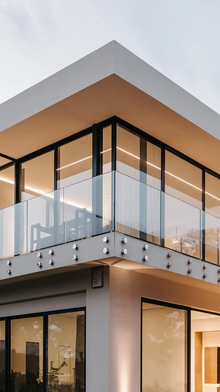 Soft light illuminates your minimalist white home at night, its balcony's glass and metal railing framing a stunning view