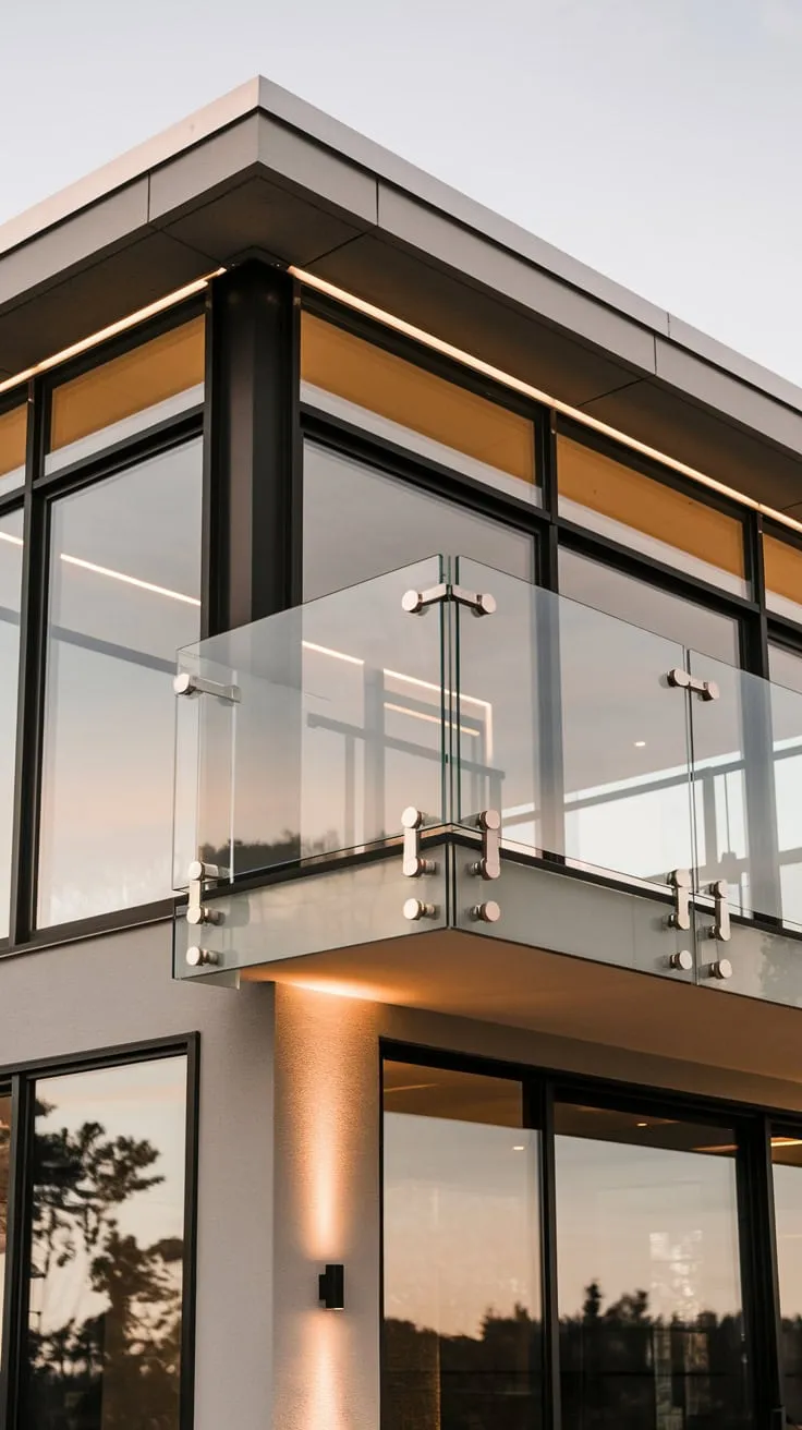 From your home's large windows, a glass balcony railing frames a breathtaking view, softly lit at night