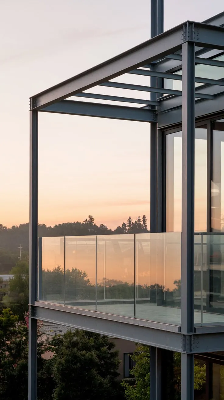 A panoramic view unfolds from your glass-railed balcony, the soft light highlighting the stylish metal structure of your home against a tranquil backdrop