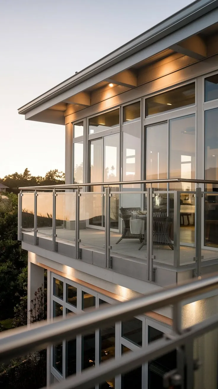 Soft light illuminates your glass-railed balcony, offering breathtaking views from your stylish home's high vantage point