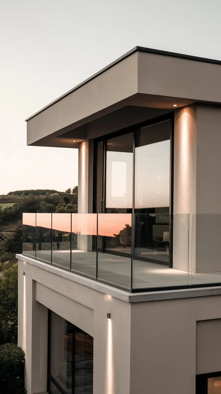 You admire the clean lines of your home, the glass balcony railing giving a stunning view of the landscape bathed in soft light