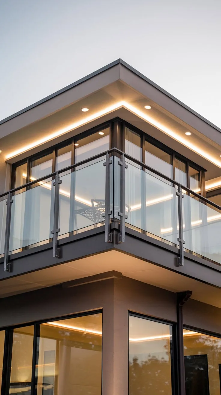 Step into a sleek modern home where soft lighting and stunning views from the high metal balcony invite you to unwind