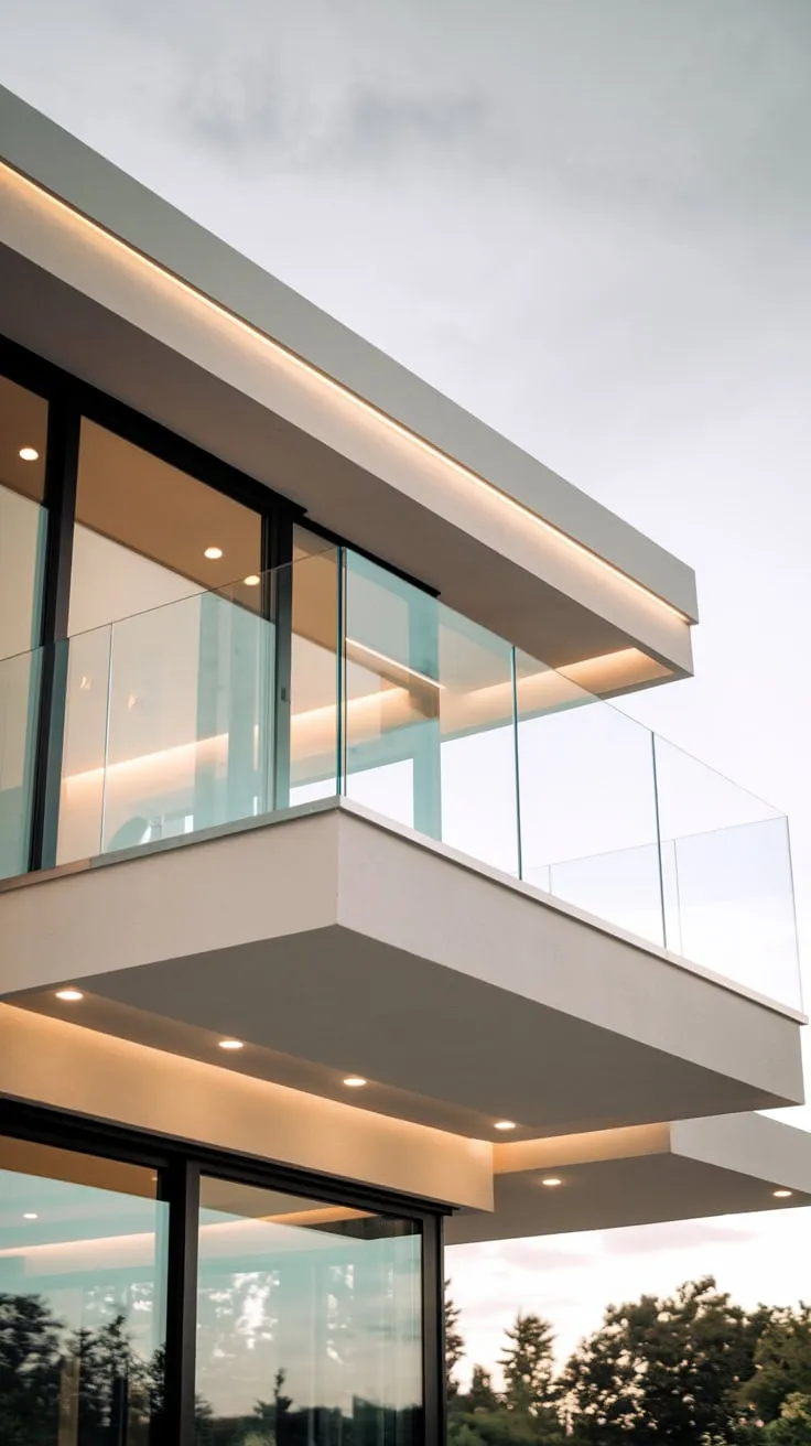 You're captivated by the stunning vista from the high-rise home's sleek, glass-balconied expanse, bathed in gentle light
