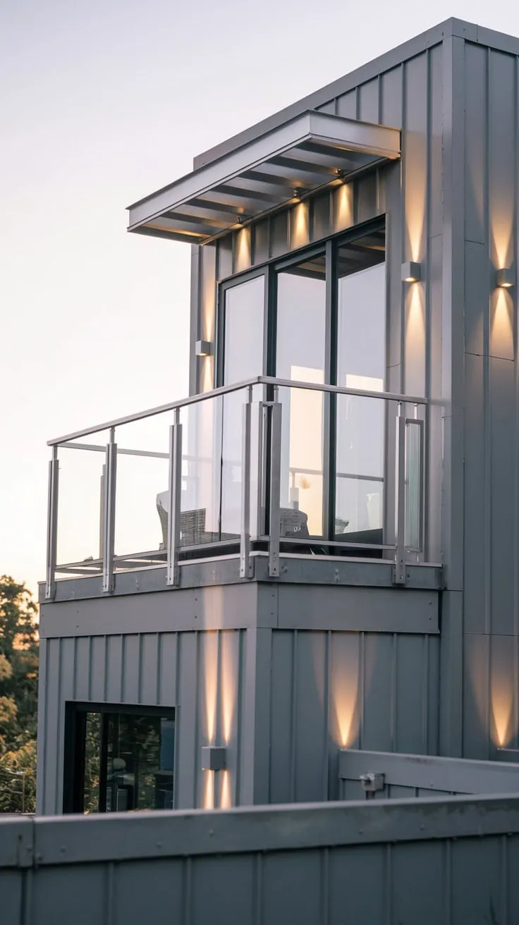 A panoramic view unfolds before you from your metal-clad home's high balcony, its glass railing showcasing a clean, minimalist design and gently lit facade