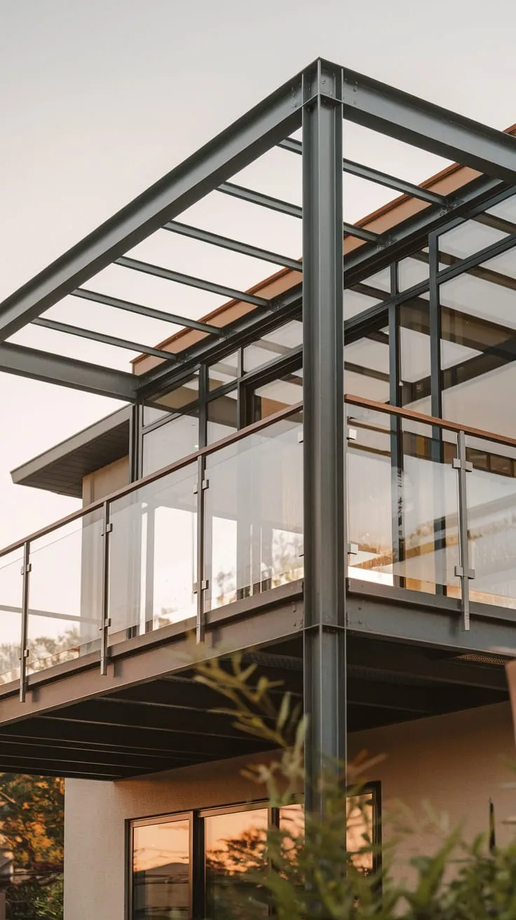 A low-angle shot reveals a home's detailed metal structure, a high balcony with glass railings offering a breathtaking panorama bathed in gentle light