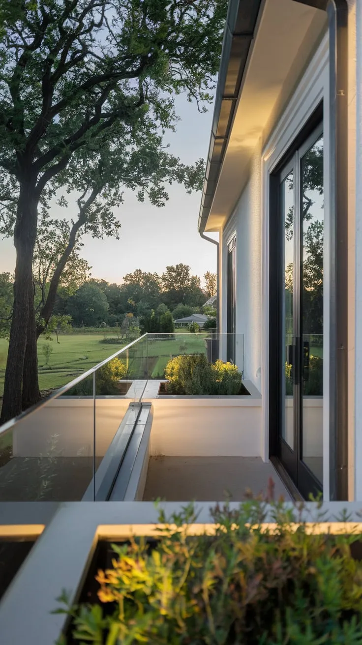 High above, a sleek white house with a black door features a glass-railed balcony, its softly lit planters overlooking lush greenery