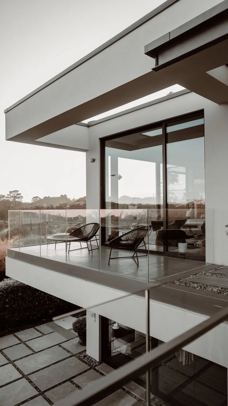 From your vantage point, the home's clean lines and monochrome palette are highlighted,  with a few chairs inviting you to relax on the metal balcony