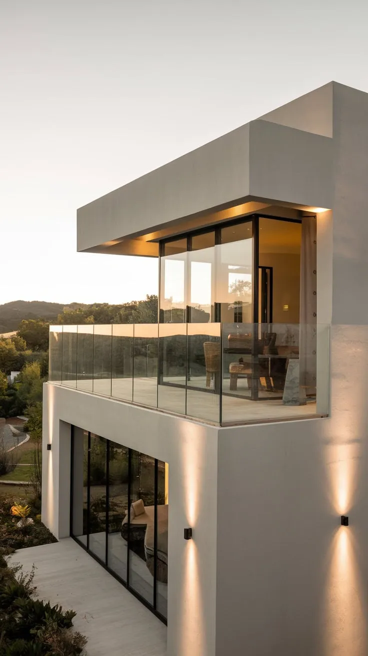 From above, you see a minimalist home glowing softly, its glass balcony overlooking a breathtaking view