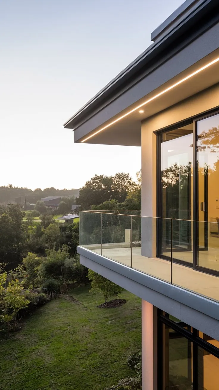 Soft light illuminates your glass-railed balcony, overlooking a tranquil landscape and distant city lights from your lush, hilltop home