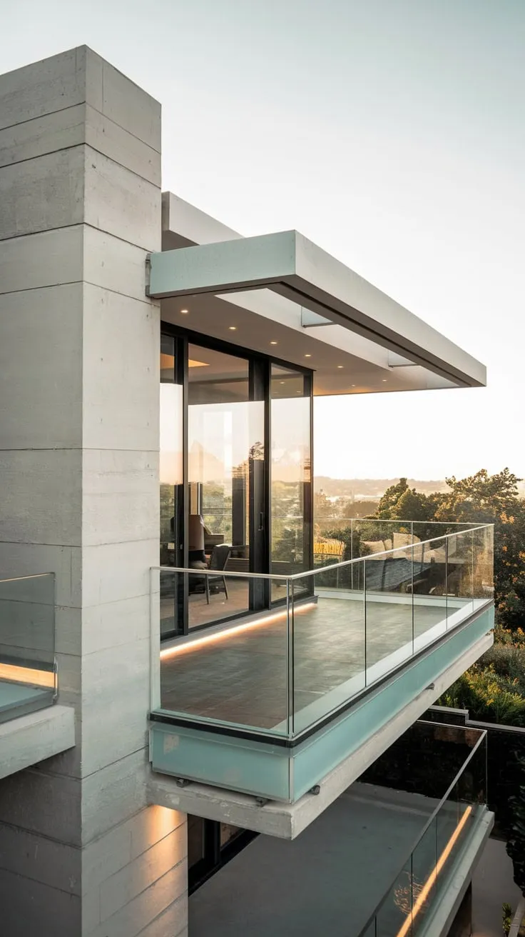 From above, you see a sleek concrete home's glass balcony glowing softly, its city view a breathtaking panorama