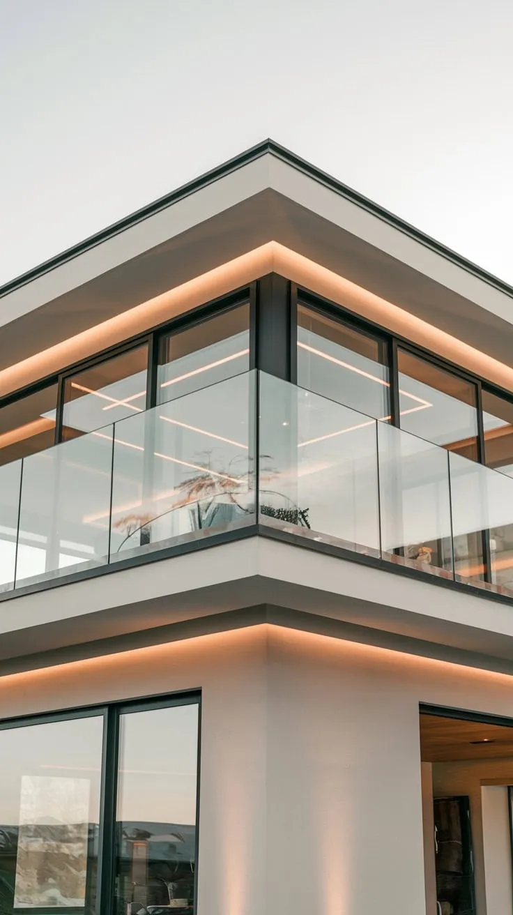 A minimalist home’s glass balcony, softly lit, frames a captivating view from its second story