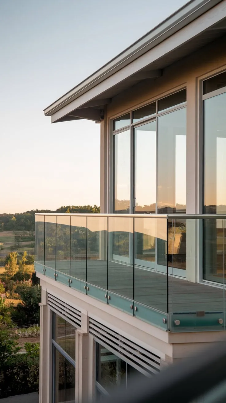 From below, you gaze up at a house bathed in soft light, its glass balcony jutting out to showcase a breathtaking vista