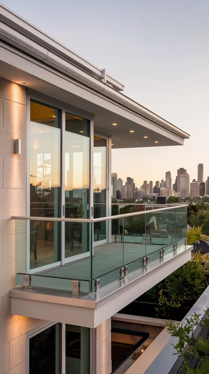 A breathtaking cityscape unfolds behind a house, its glass balcony gleaming under the warm glow of night