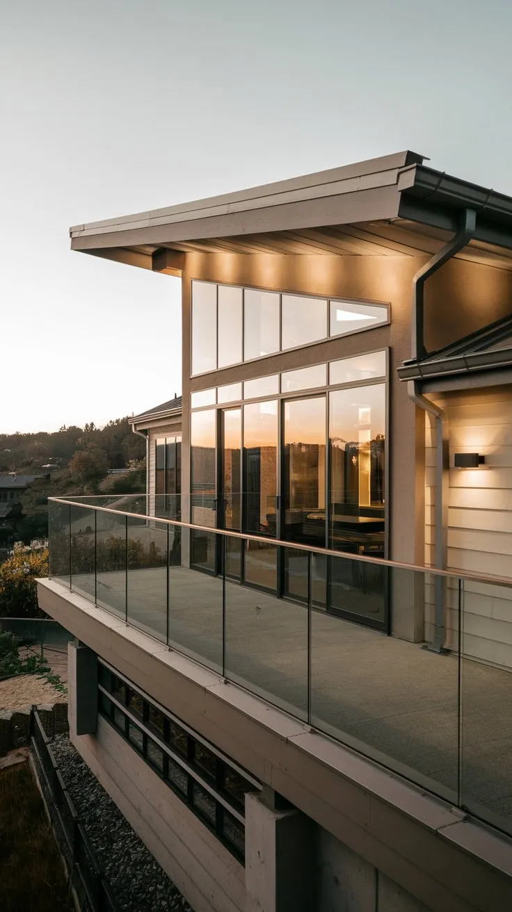 Embrace the allure of unique architecture, featuring a stunning glass balcony and warm lighting that transforms hillside living into an art form