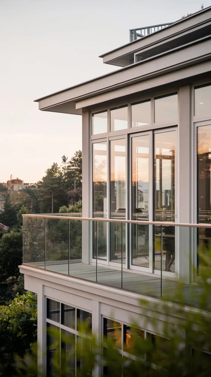 From your high-rise perch, the cityscape stretches out below, framed by the soft glow illuminating your sleek home with its inviting glass balcony