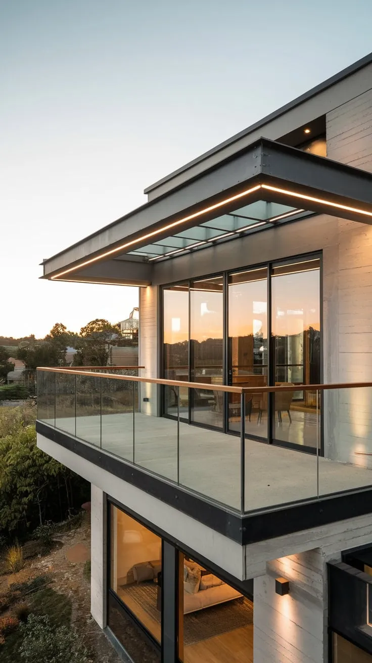 From above, you see a minimalist home of wood and concrete, its spacious glass balcony glowing softly and overlooking a breathtaking vista