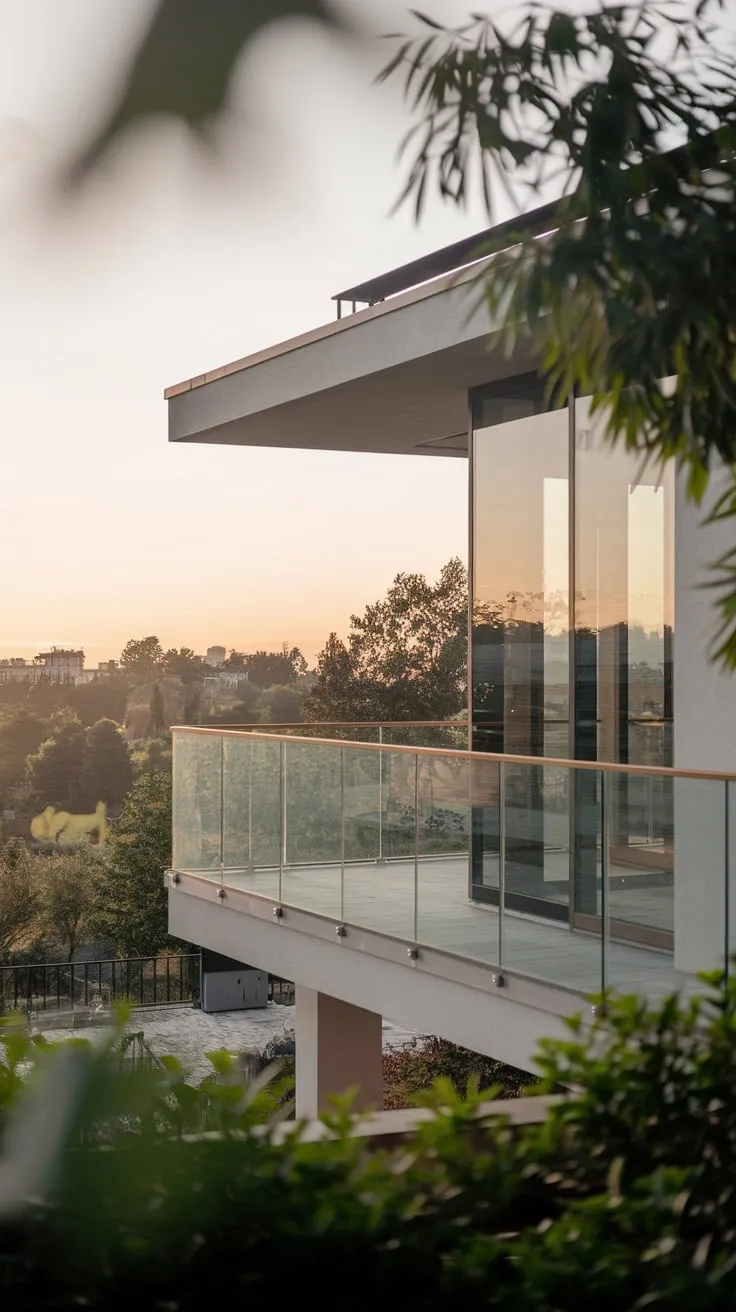 From your high vantage point, the home's sleek lines and the tranquil scenery create a peaceful, inviting atmosphere