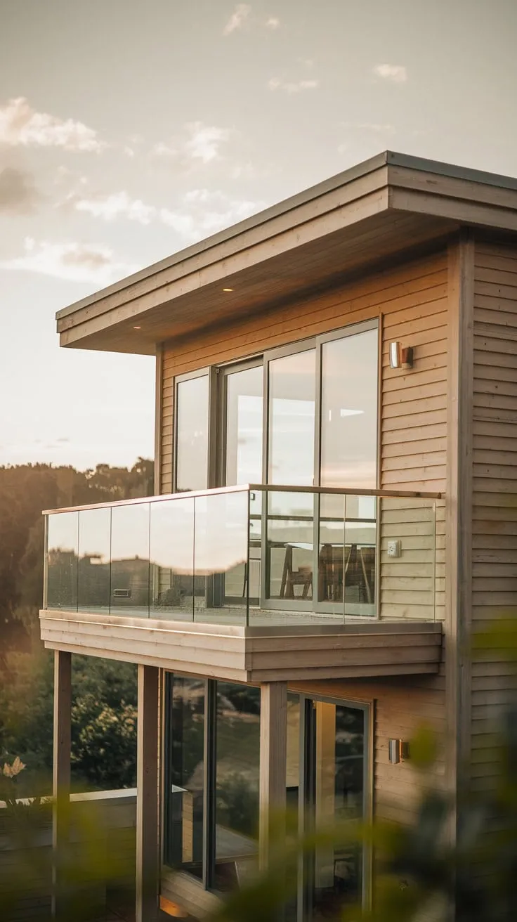 Warm light bathes your wooden home's glass balcony, offering a breathtaking view from its lofty perch