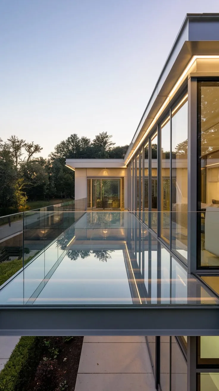 Soft light illuminates your sleek, glass-balconied home, its clean lines and expansive windows framing a tree-lined path below