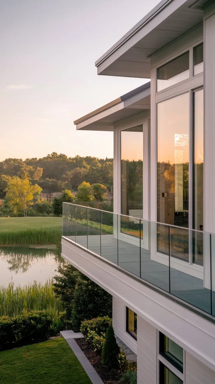 From your vantage point, a softly lit home with a glass balcony overlooks a serene lake and lush greenery