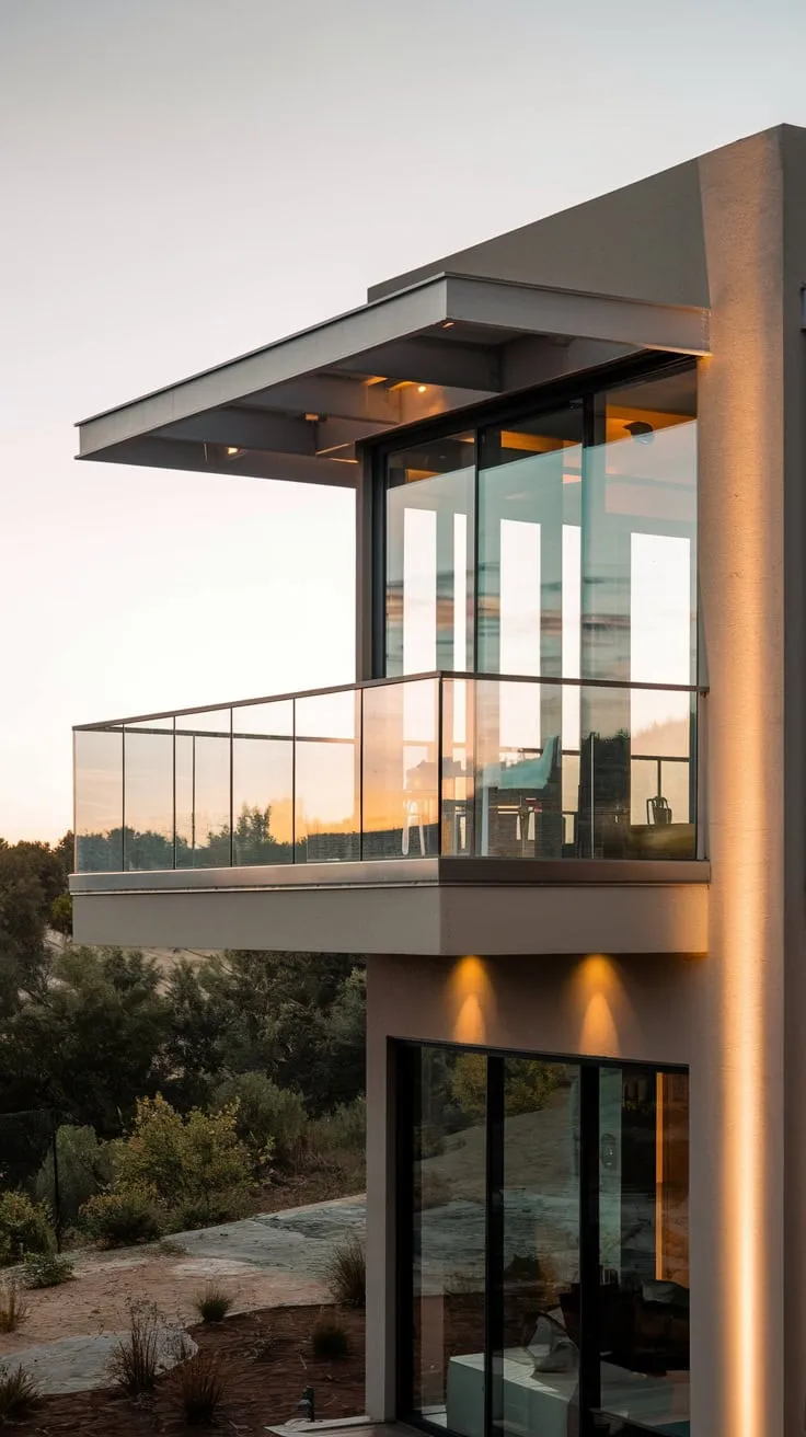 A stunning minimalist home glows softly, its second-story glass balcony framing a captivating landscape