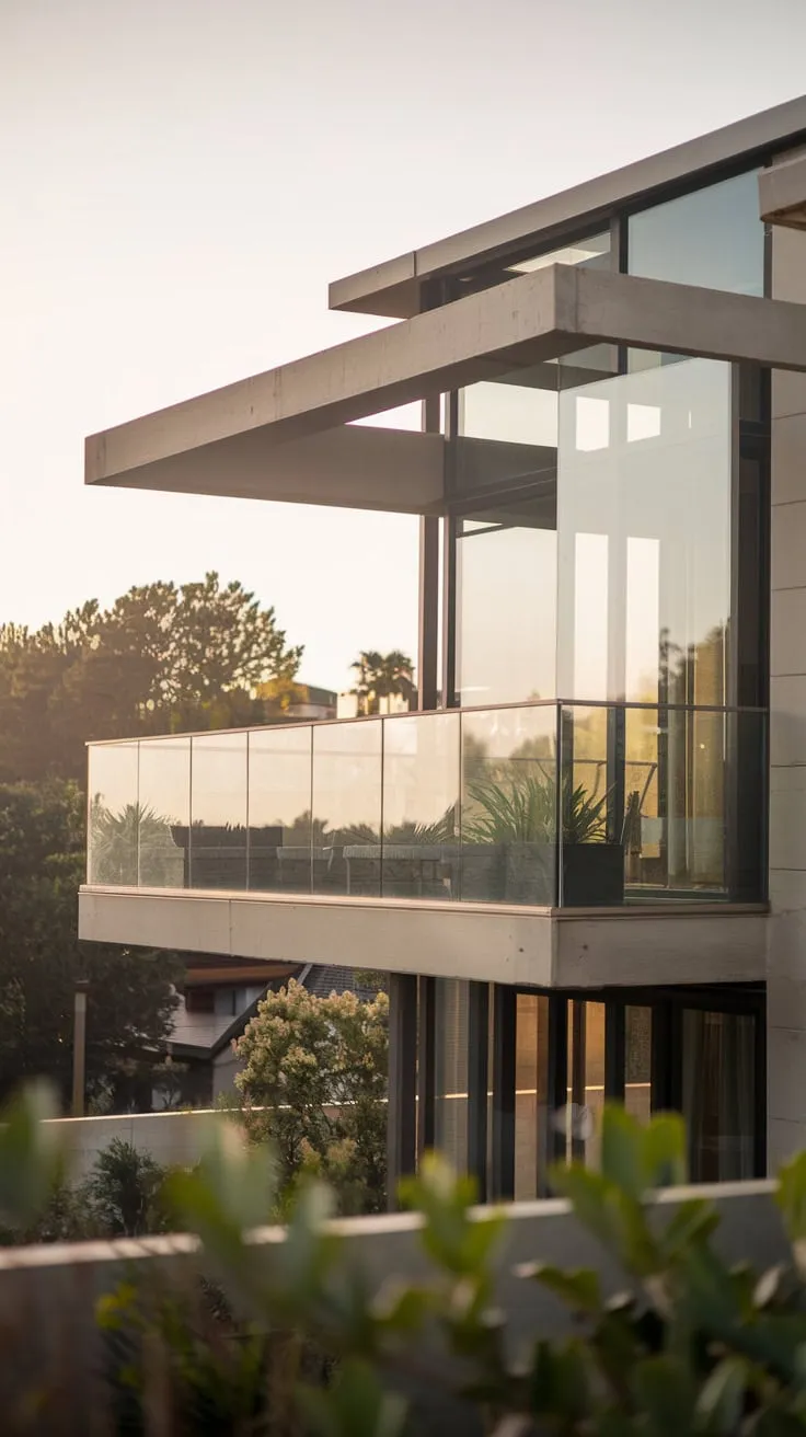 From your vantage point, a sleek concrete and glass structure reveals a high-level glass balcony, soft light illuminating its greenery and a peaceful cityscape panorama