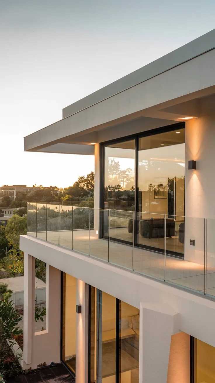 Bathed in soft light, you see a minimalist home's clean lines and glass-railed balcony overlooking a cityscape and trees