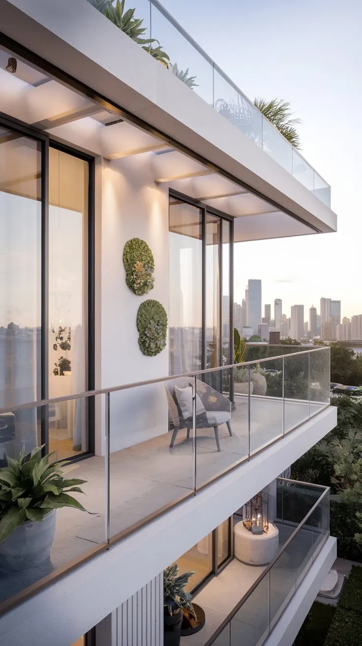 From your balcony, with a chair and potted plants nearby, you take in the clean lines of your home and the sprawling cityscape beyond