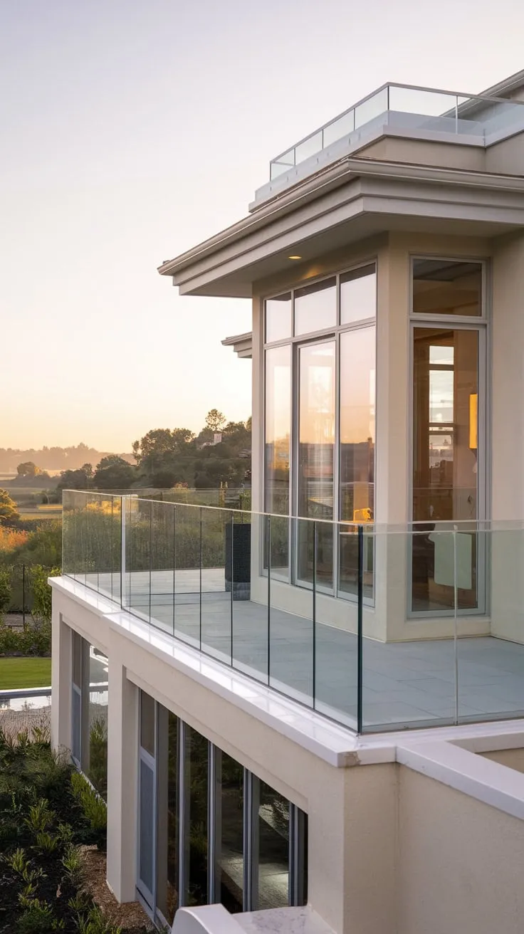 A stunning view unfolds before you: a house bathed in gentle light, its glass balcony extending over a picturesque scene