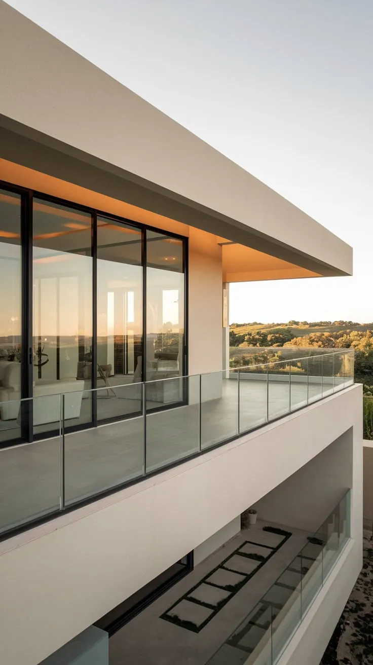 A stunning, high-angle shot reveals a sleek home, its balcony overlooking a scenic landscape, illuminated by gentle exterior lighting