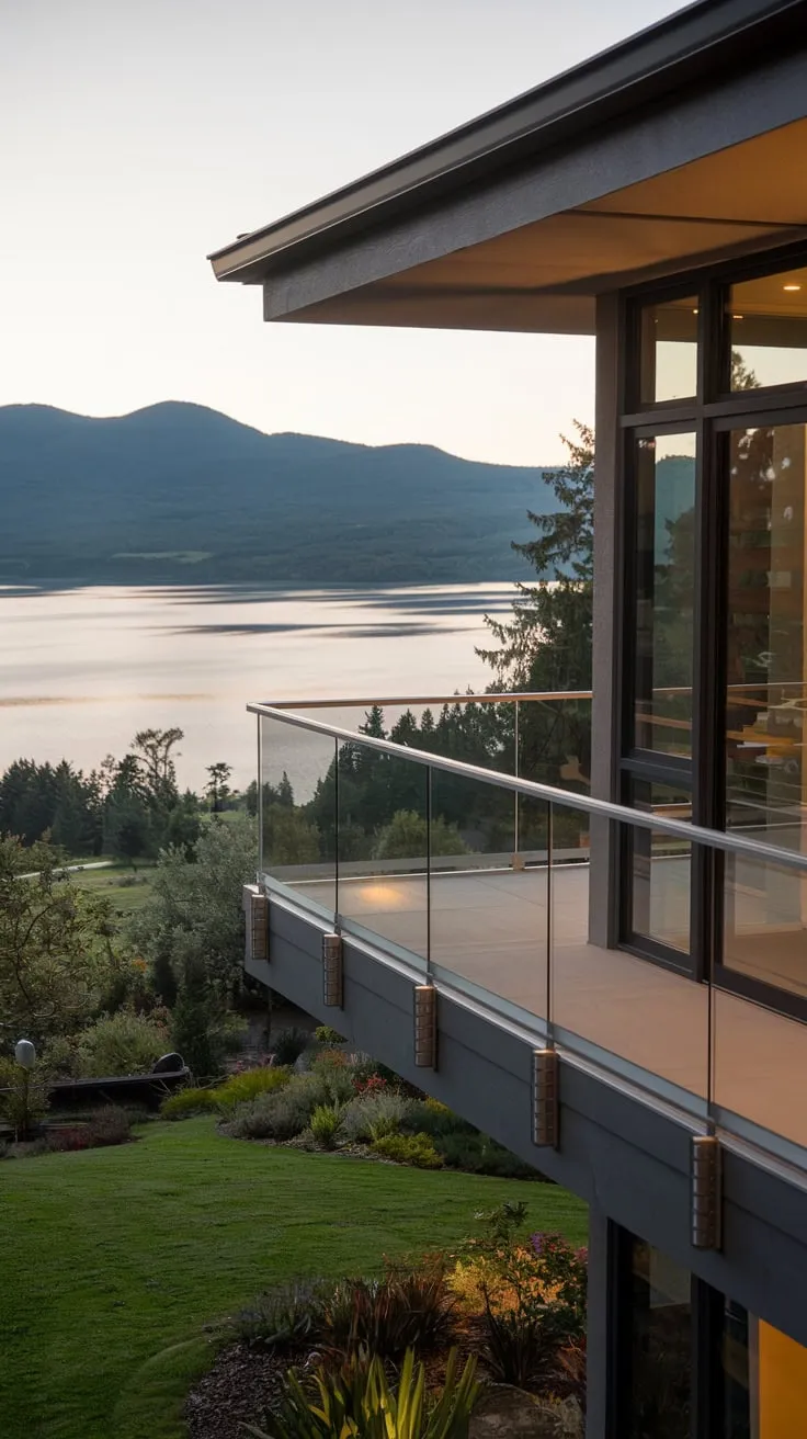 From your vantage point, soft lights illuminate a glass-railed balcony overlooking a tranquil lake nestled among mountains and lush greenery