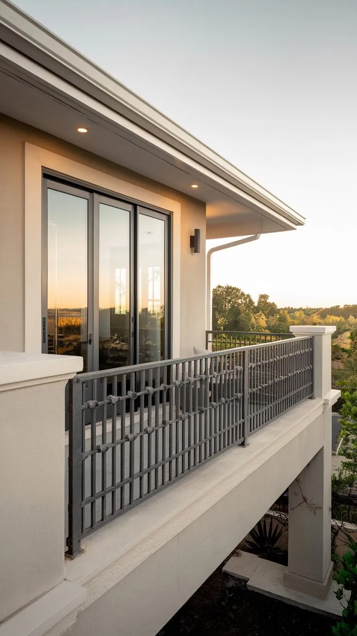 High above, a home's balcony grill frames a captivating view, bathed in the gentle glow of evening