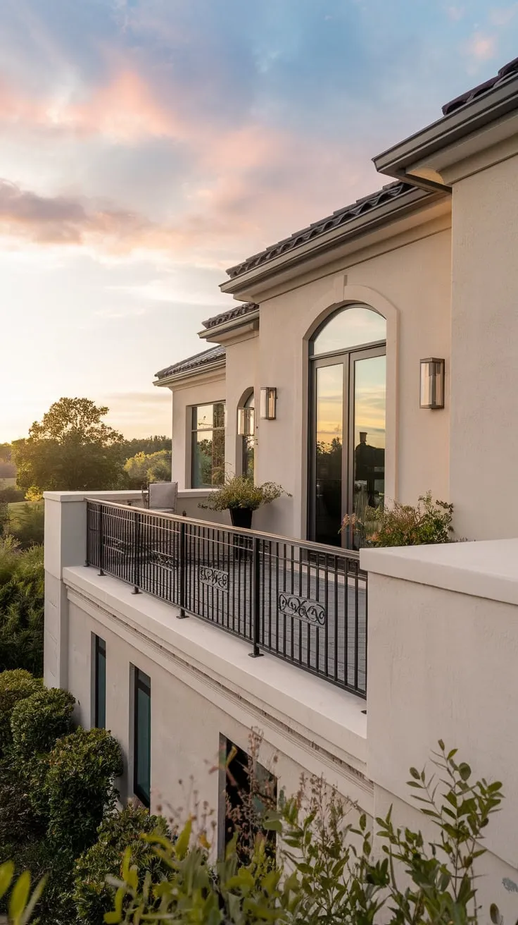 Soft light bathes a stylish home, its balcony railing framing a breathtaking view from your vantage point
