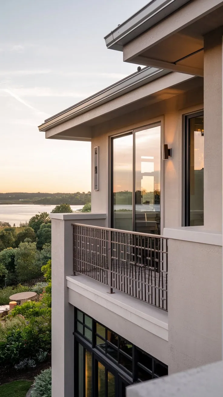 A high-angle view reveals a stylish home bathed in soft light, its balcony railing framing a picturesque scene of water and greenery