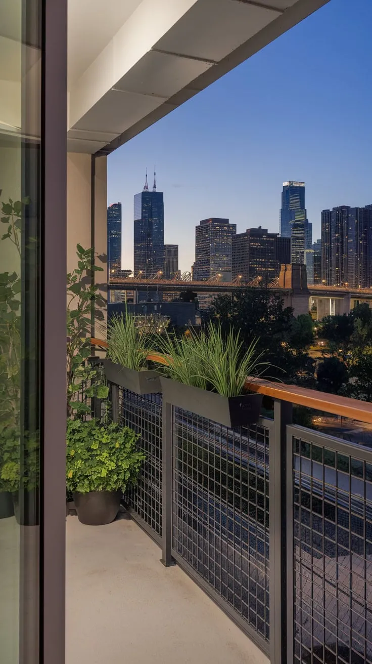 From your high vantage point, softly lit city lights twinkle below as you admire the skyline, bridge, and potted plants on your wood-grilled balcony