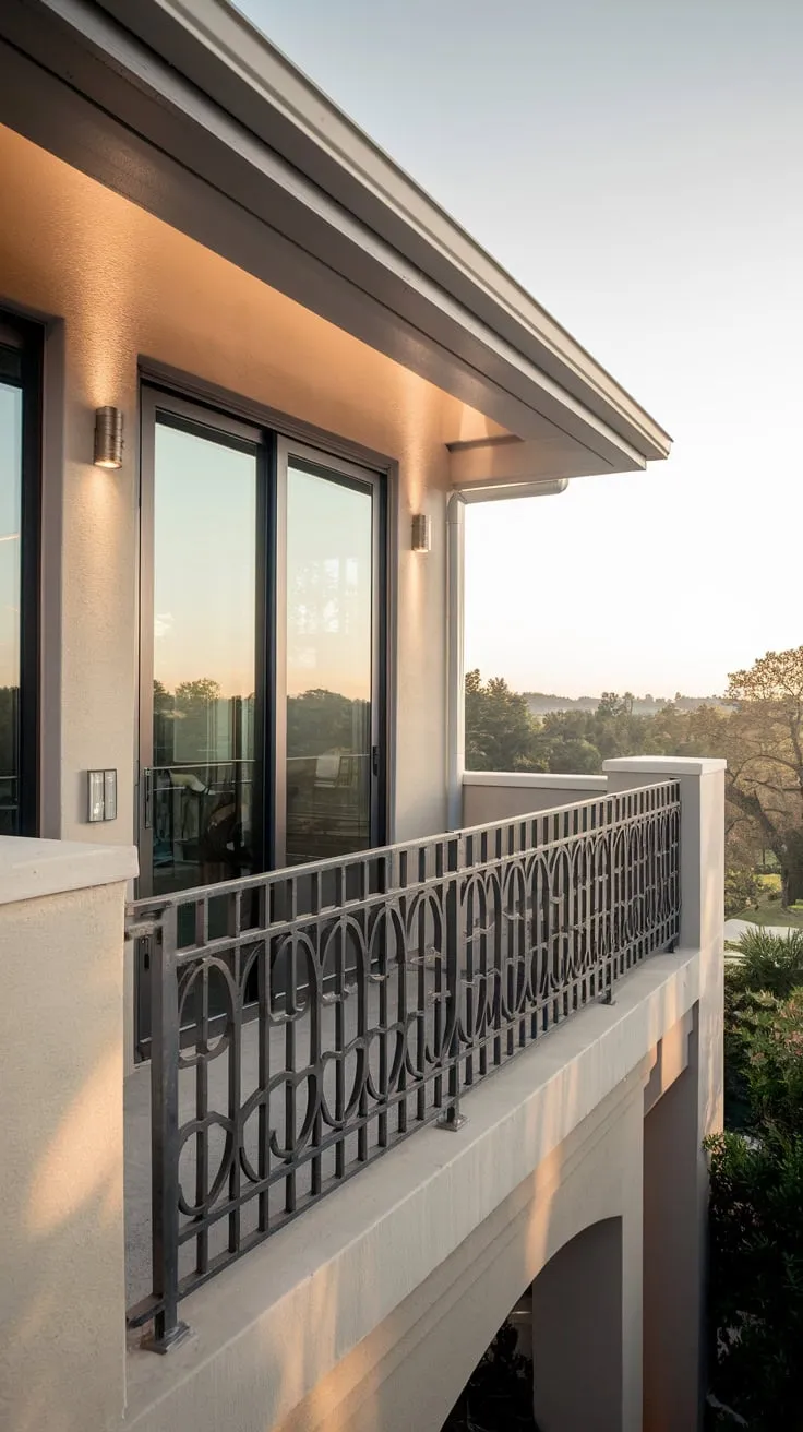 From above, soft light bathes a home's balcony, its grill railing framing a captivating view