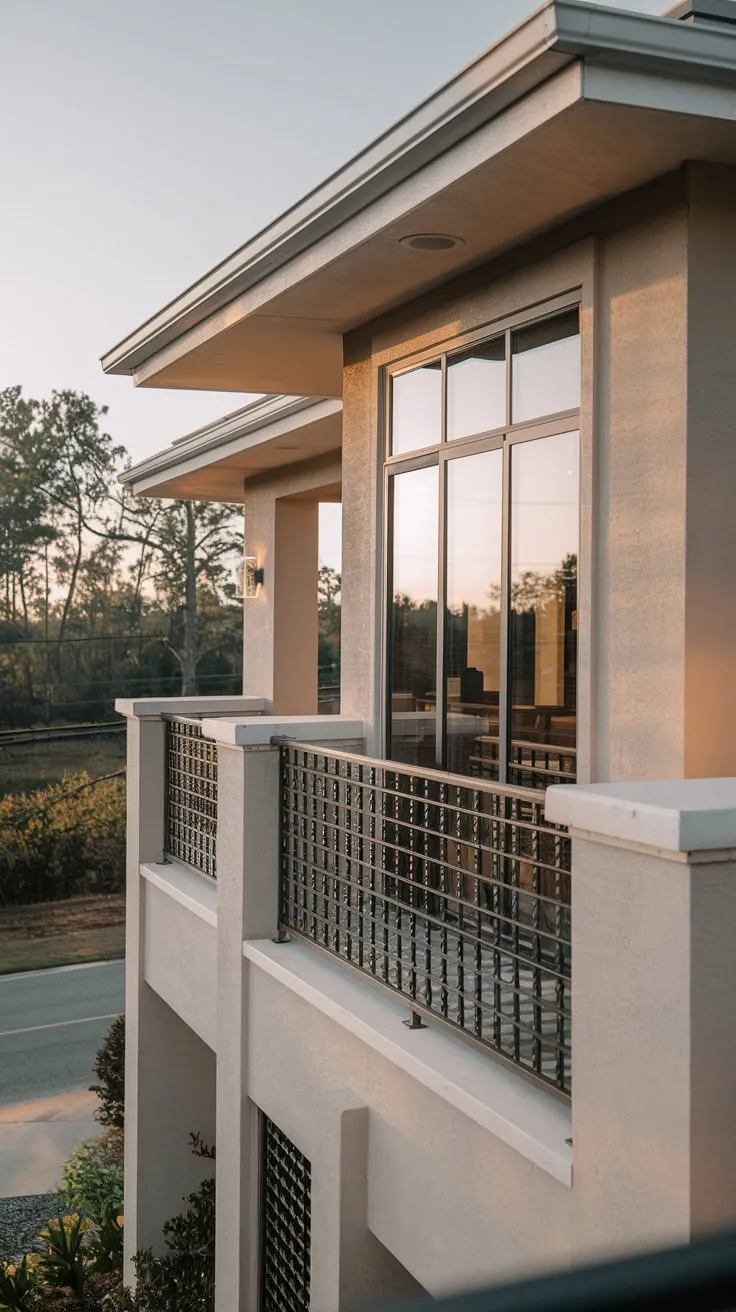 From above, you see a softly lit home, its balcony overlooking a tree-lined road and distant landscape