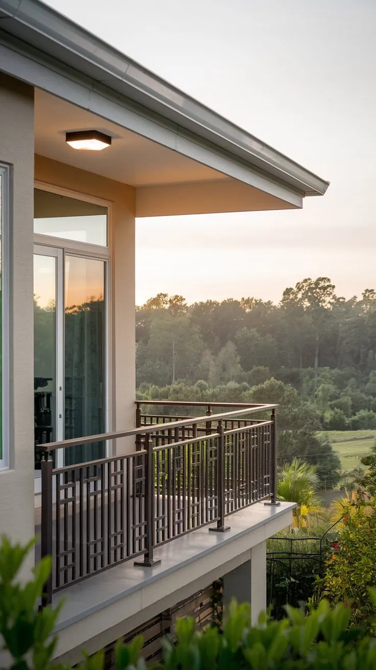Soft light bathes your high-rise balcony, its grill railing framing a tranquil view of lush green trees and distant hills