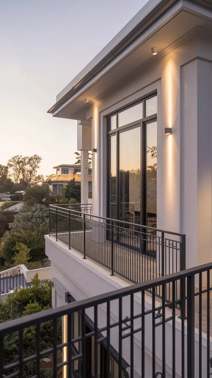 From above, you see your clean-lined home bathed in a gentle glow, its black balcony railing framing a picturesque landscape