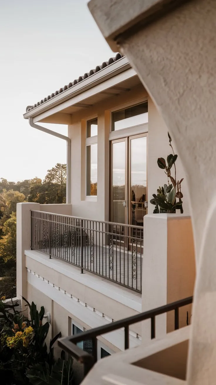 A high-angle shot captures the tranquil scene of a house with a balcony overlooking a picturesque landscape, bathed in gentle light