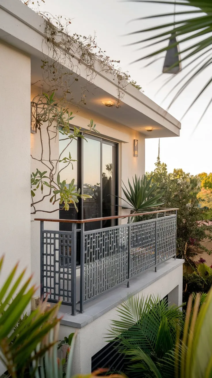 From above, you see a pristine white home, its patterned metal balcony railing framing a tranquil view and lush greenery