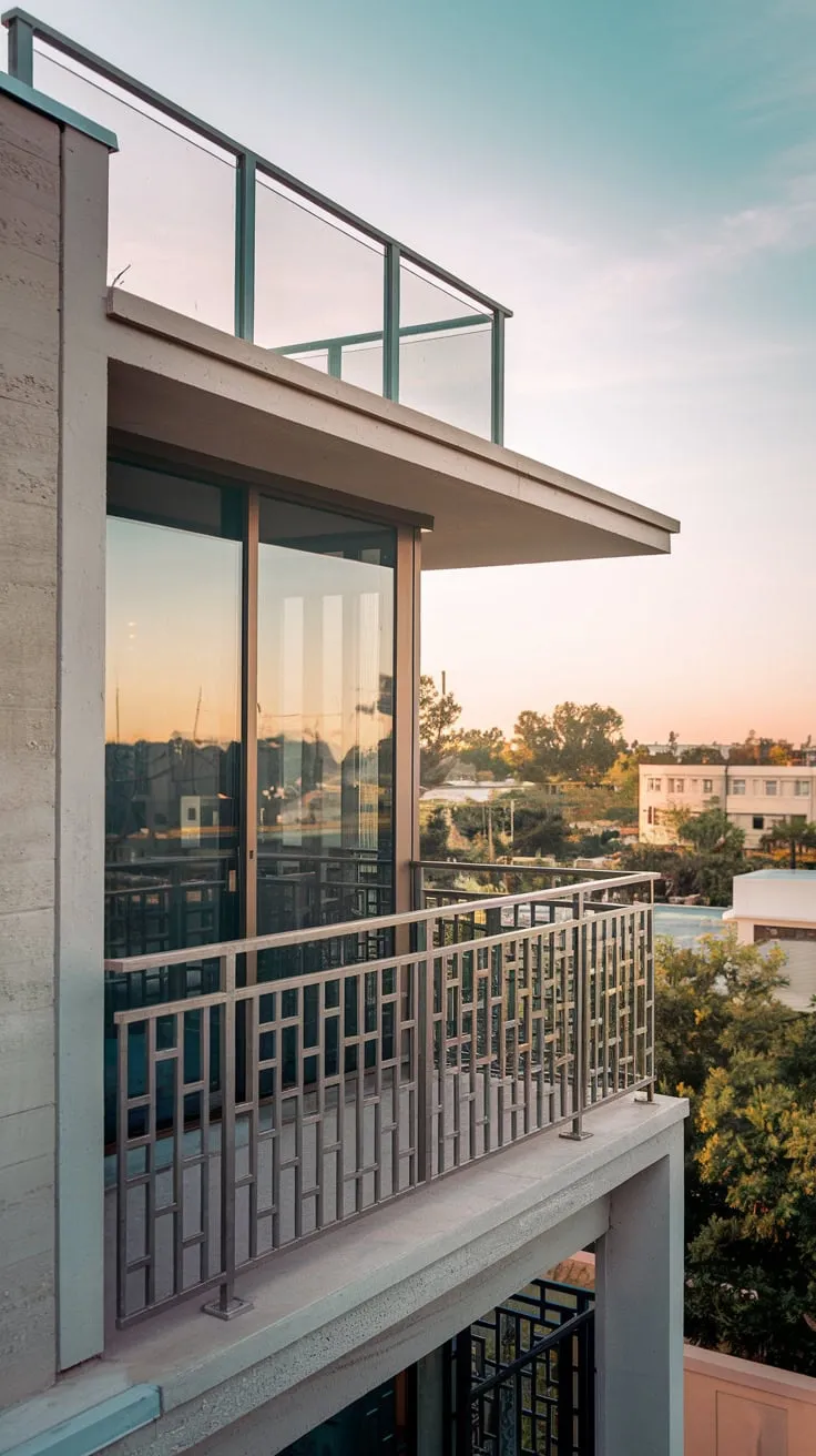 Discover your urban oasis with stunning city views from a modern home adorned with elegant balcony railings