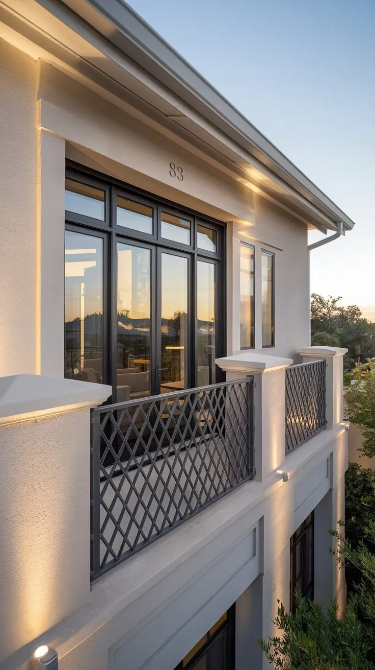 A high-angle shot reveals a beautifully illuminated house, the balcony railing showcasing a stunning panorama