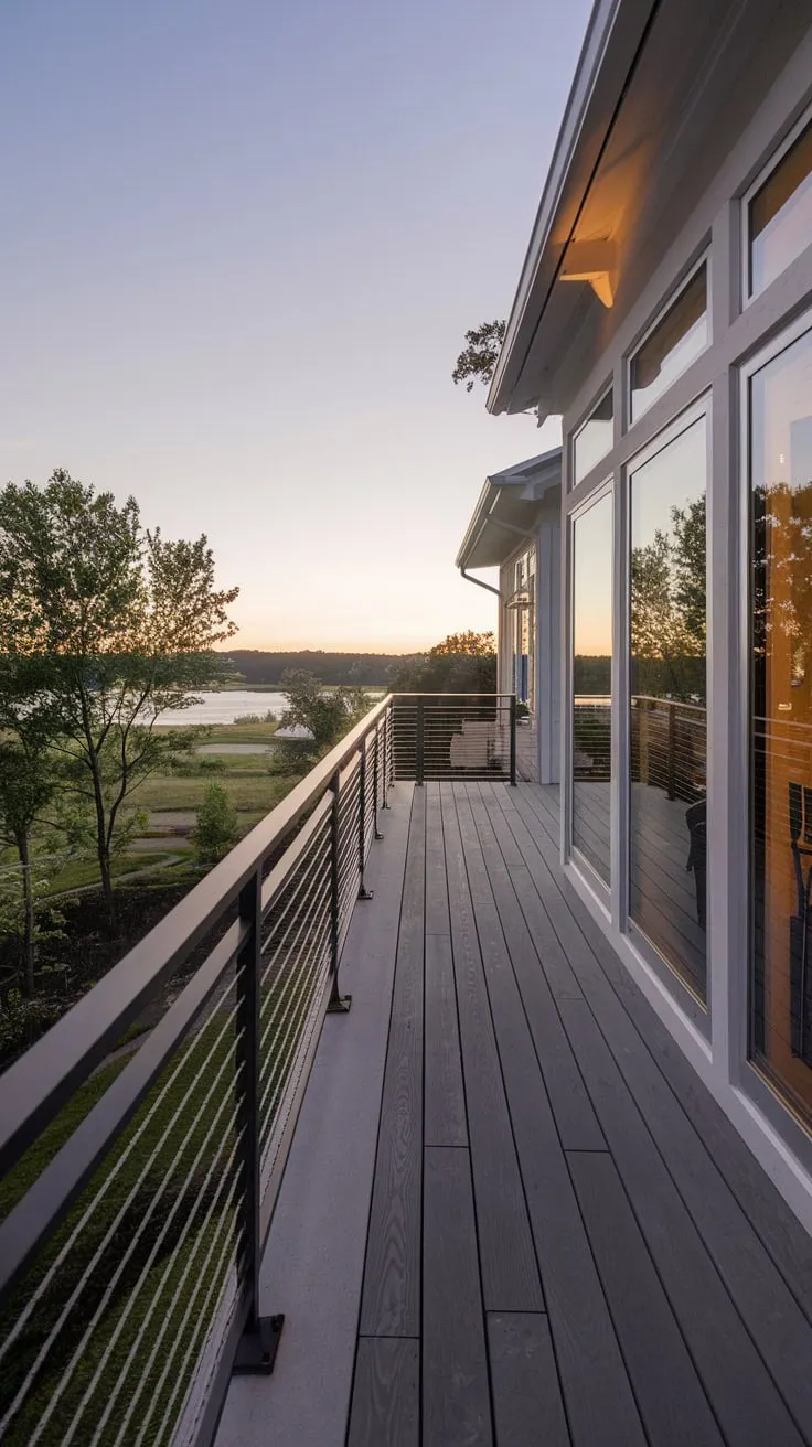 Your home's sleek exterior overlooks a serene vista, its balcony bathed in gentle light